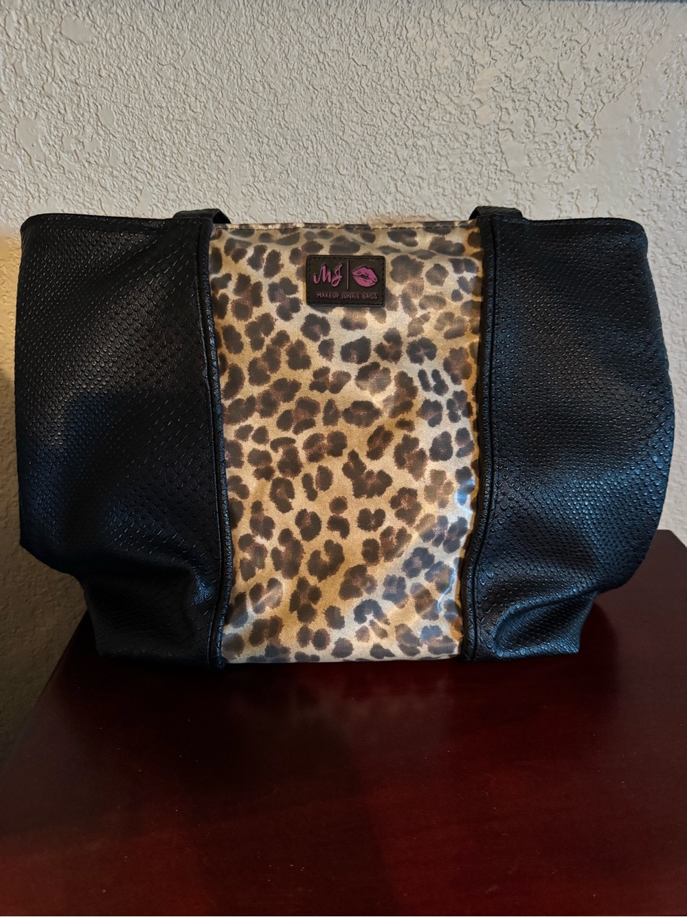 Makeup Junkie Black Daykeeper Tote Bag with Leopard Print Center Panel